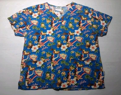CREST COTTON HAWAIIAN PRINT ALOHA SCRUBS TOP MEDICAL DENTAL SZ XL 2 POCKET SS - Image 1 of 4