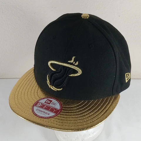 New Era 9Fifty MIAMI HEAT NBA HWC Black & Gold Bill Belt Buckle Strap Hat Cap Cover