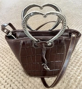 Brighton Black & Brown Leather Crocodile Printed Silver Heart Handles Small Tote - Picture 1 of 11