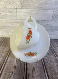 Anchor Hocking Fire King Rose Cup And Saucer Vintage Milk Glass Tea Coffee Red - Picture 1 of 7