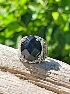 Women's Teen's Black Resin Gemstone Silver Steel Alloy Ring - Size 4.75 - Picture 1 of 7
