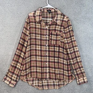 Angie Button Up Top Womens Large Brown Red Plaid Long Sleeve Collared Semi Sheer - Picture 1 of 11