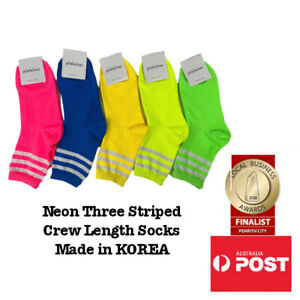 Women's Fluoro Neon Triple Stripe Colourful Crew Socks SINGLE PAIR Made in KOREA
