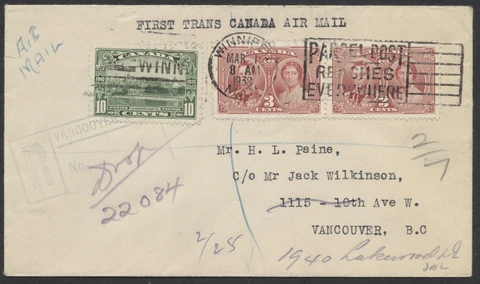 1938 AAMC #3805 Winnipeg to Vancouver Experimental Flight Cover, Registered Cover