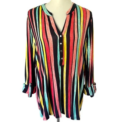 Kim Rogers Multicolor Colorful Striped Henley Top Shirt Blouse 1X Rayon Stretch - Image 1 of 4