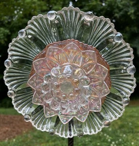 Terracotta & Clear Shell Glass Garden Flower Repurposed Suncatcher Yard Art - Picture 1 of 6