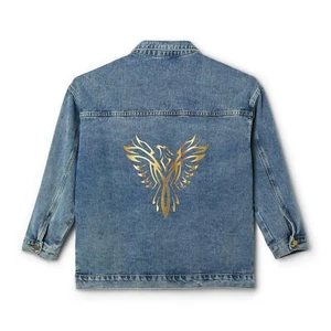 Golden Phoenix Rising Art Denim Jacket Women's Distressed Jean Coat - Picture 1 of 5