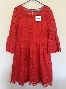 NWT JACK BB Dakota Fit Flare Eyelet Dress Poppy Red Lined Bell Sleeve Size 10 - Picture 1 of 9