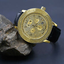 Men's Custom 2 Row Steel Bezel Genuine Diamond Dial Gold Tone Leather Band Watch