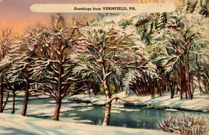 VERNFIELD, PA. POSTAL "SALUDOS DESDE", escena de invierno a lo largo del río - Imagen 1 de 2
