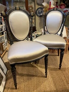 Pair of early 20thC. hall chairs. Recovered in silver Designers Guild fabric. - Picture 1 of 11
