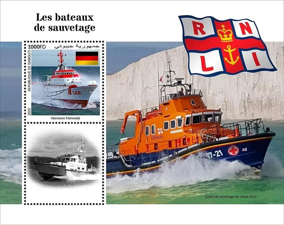 HERMANN MARWEDE/RNLI Lifeboat Search & Rescue SAR Boat Stamp Sheet 2022 Djibouti - Image 1 of 1