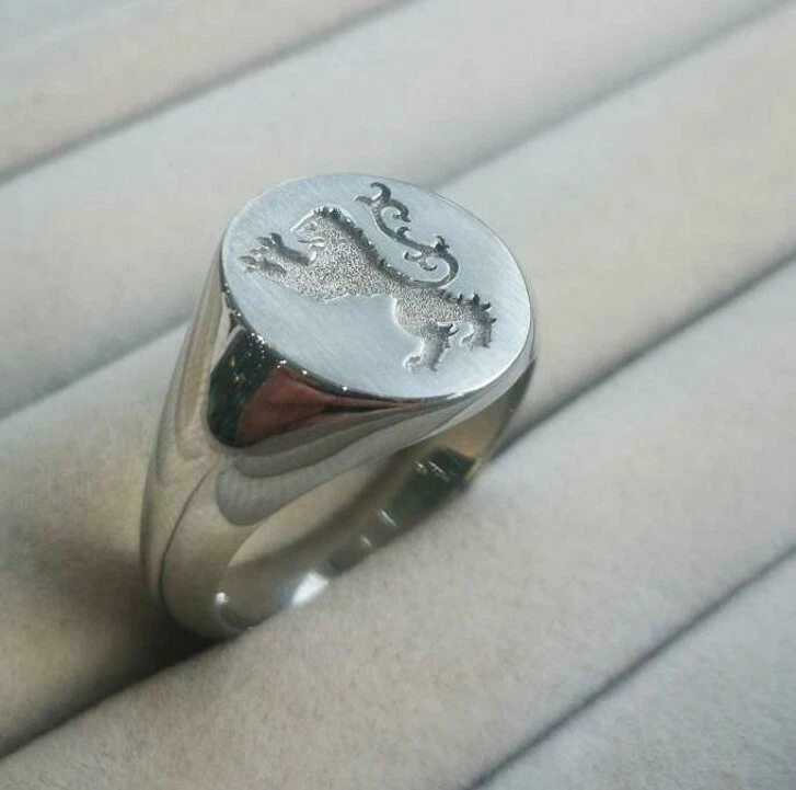 Solid Metal Men's Custom Signet Ring 14k White Gold Plated Silver - Image 1 of 4