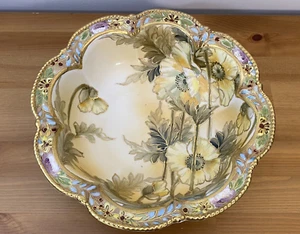 Large Antique Nippon Porcelain Bowl Heavy Gold Beading Hand Painted Floral Leaf - Picture 1 of 13