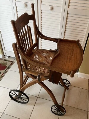 1930-40’s ANTIQUE VINTAGE STEEL WHEELS COLLAPSIBLE BABY HIGHCHAIR AND STROLLER - Image 1 of 4