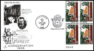 USA FDC - 1958 - Forest Conservation, Scott # 1122 Artcraft Plate Block - Picture 1 of 1