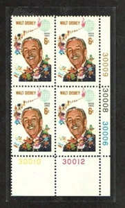 1968 U.S. COMMEM 6c WALT DISNEY Plt#Blk of 4 Sc#1355 M/NH/OG GEM See Note - Picture 1 of 1