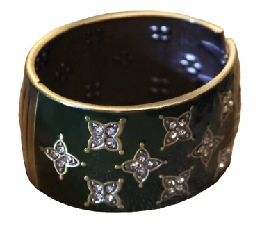 Dark Green Almost Black Enamel Brass and Rhinestone Crystals Stylish Bracelet - Image 1 of 4