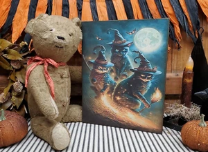 HEXE CATS RIDE BROOMS GOTISCH VIKTORIANISCH PRIMITIV VINTAGE STIL HALLOWEEN SCHILD - Bild 1 von 13