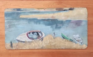 Nice Modernist Mcm Era Beach Scene Oceanscape Oil On Board Painting New England - Picture 1 of 18