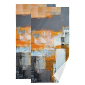 Abstract Hand Towels for Bathroom Set of 2 Gray Orange Art Grunge Style Oil - Picture 1 of 7