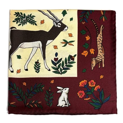 Ivory & Burgundy Animal Motif Ancient Madder Silk Pocket Square (Hand-Rolled) - Image 1 of 4