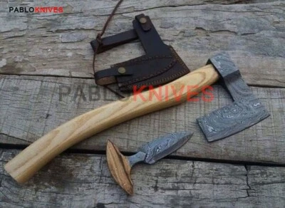 Hacha vikinga de acero Damasco forjada a mano Hacha de caza Tomahawk Y CUCHILLO DAGA Foto 1 de 2