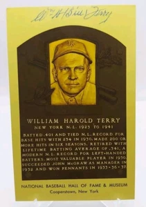 Bill Terry Signed Auto Gold Hall of Fame Plaque HOF Postcard PSA GIANTS *Read* - Picture 1 of 5