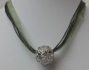 SILBER PERLE HALSKETTE KETTE ORGANZA KUGEL DRAHTKUGEL SCHMUCK DAMEN OLIV GRÜN - Bild 1 von 17