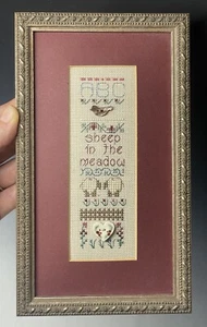 Vintage Hand Stitched Sampler Abalone Bird Button ABC Sheep Meadow Wall Art 90s - Picture 1 of 7