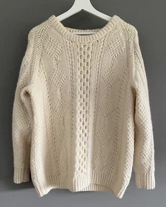 Unisex Handmade Ivory Cream Plaid Aran Thick Pure Wool Knit Jumper Size M - Picture 1 of 6