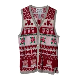 Vintage eagle's eye pink heart valentine sweater vest womens L rare bows cherub - Picture 1 of 11