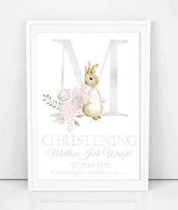 PERSONALISED PETER RABBIT POSTER PRINT. GIFT CHRISTENING, BAPTISM, NEW BABY.  - Picture 1 of 11