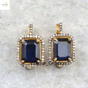 Sapphire Pave Diamond Stud Earrings Gemstone 925 Silver Gold Plated Jewelry - Picture 1 of 6