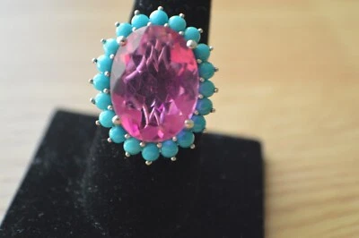 Anillo triplete de cuarzo orquídea de 17,75 quilates/turquesa SB platino sobre plata talla 8 Foto 1 de 4