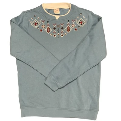 Haband Women's Embroidered Fleece Sweatshirt Light Blue Double Collar Ribbed - Image 1 of 4
