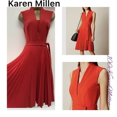 Karen Millen Uk 8 EU34 US4 Shawl Collar pleated fluid Midi Dress Coral Orange - Image 1 of 4