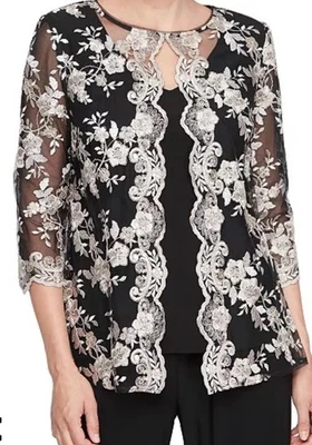 Alex Evenings Lace 3/4 Sleeve Layered look Blouse Embroidered S NWT - Image 1 of 4