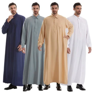 Muslim Saudi Men Abaya Robe Lapel Neck Dishdash Kaftan Jubba Thoub Islam Clothes - Picture 1 of 28