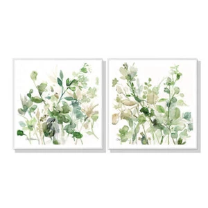 Wall Art 40cmx40cm Sage Garden By Carol Robinson 2 Sets White Frame Canvas - Picture 1 of 4
