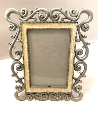 Photo Frame Art Deco Scroll Retro VTG Yellow Enamel Silver Metal 4x6 Picture - Image 1 of 4