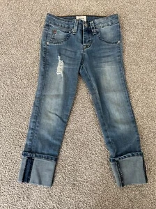 Hudson Girls Size 7 Jeans Rolled Up Cuff Denim Button Pockets Distressed Cropped - Picture 1 of 6