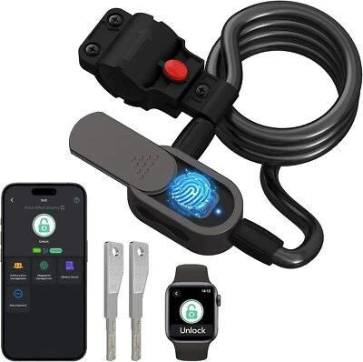 NEW Fingerprint Bike Lock, 5ft Cable, Bluetooth APP, Key, Anti-Theft for Scooter - Image 1 of 4