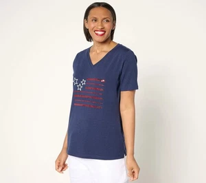 Denim & Co. Sz 1X Americana Favorite Jersey Sequin Flag V-Neck Top NAVY A682277 - Picture 1 of 1