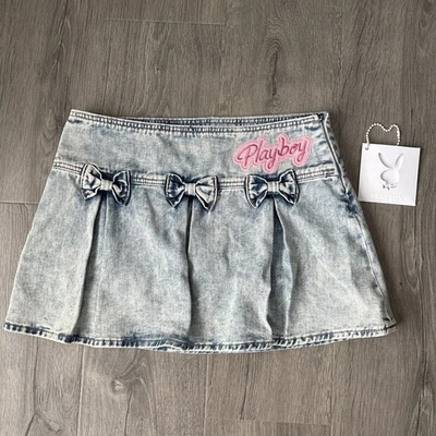 Playboy Denim Bow Pleated Mini Skirt Juniors Size 9 NWOT Y2K washed out denim - Image 1 of 4