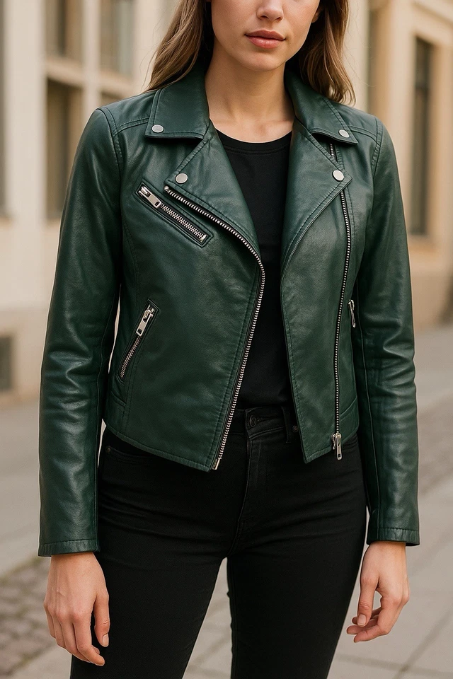 SOLO Chaqueta Moto Mujer 4 Verde Imitación Cuero Motociclista Cremallera Edgy Dark Academia Foto 1 de 4