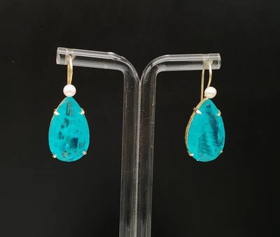 Orecchini donna goccia quarzo acquamarina arg. 925 plac. oro fatti in Italia - Immagine 1 di 4