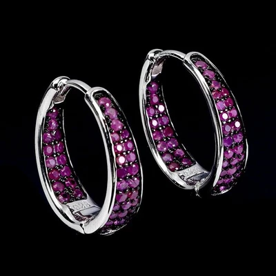 2Ct Round Simulated Ruby Hoop Huggie Earring 14k White Gold Plated - Image 1 of 3