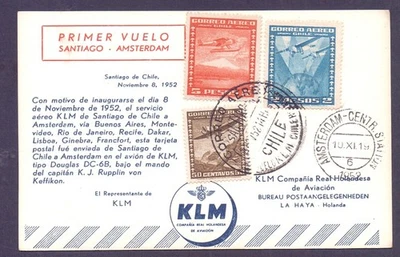 Chile KLM fist flay 08-11-1952 by plane Douglas  and signed Santiago-Amsterdan - Image 1 of 2