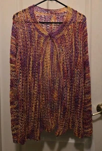 Handmade Crochet Cardigan Sweater Size L Boho Purple Gold Orange Fall Colors - Picture 1 of 5